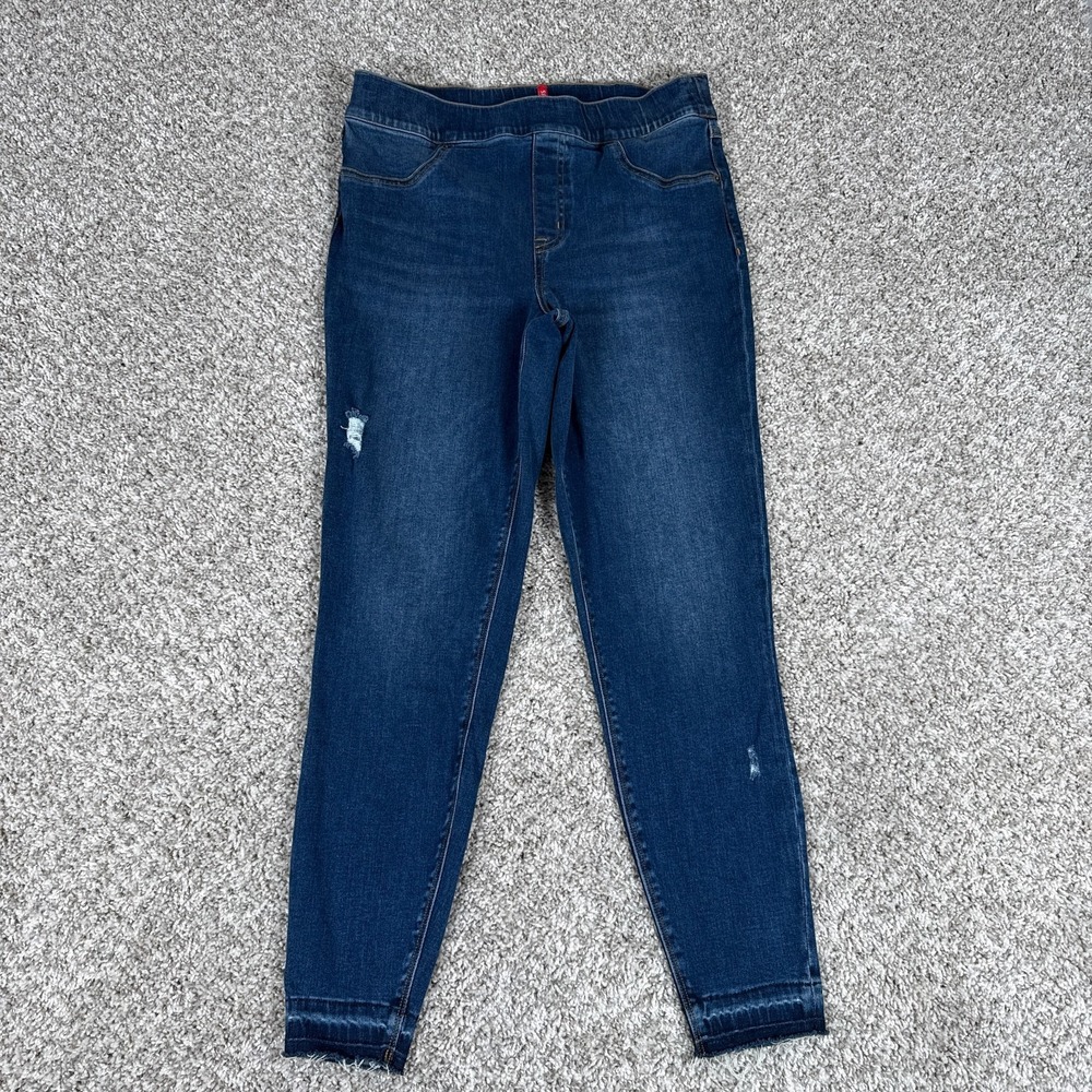 SPANX Jeans Womens L Dark Blue Pull On Skinny Denim Jeggings Stretch